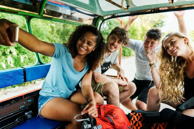Travellers enjoying a scenic destination